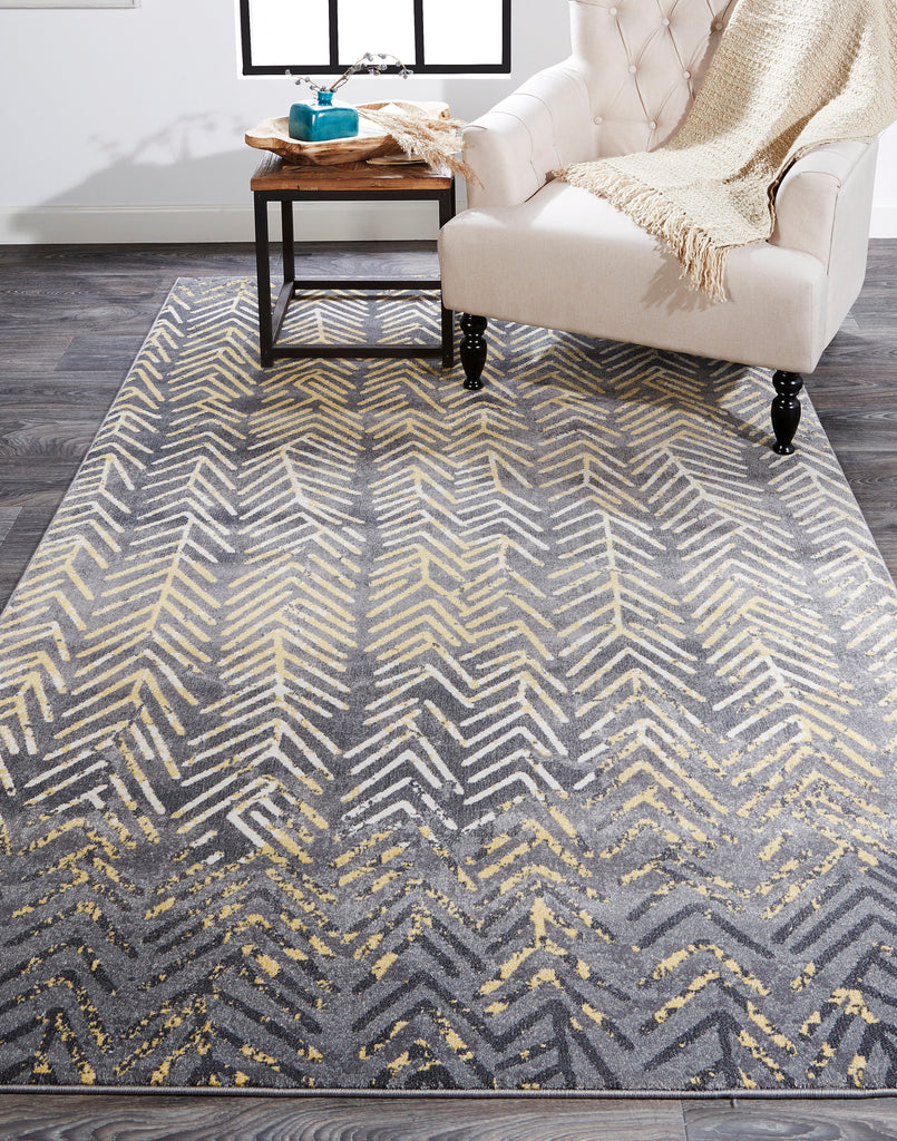 Bleecker Modern Chevron Gray Yellow White Area Rug (8' x 8')