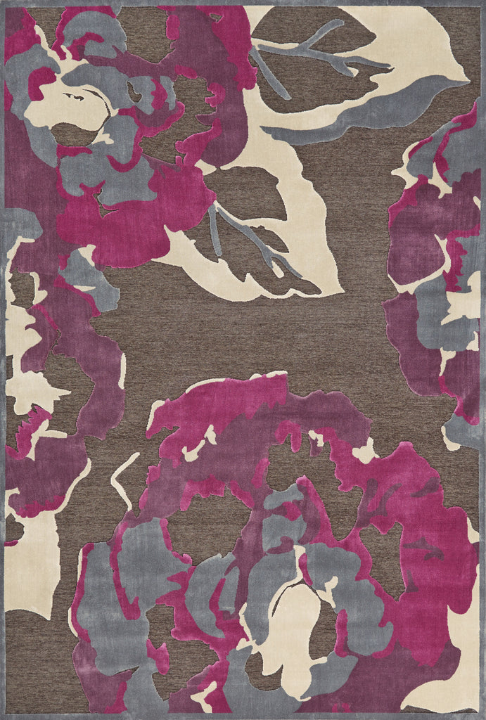 Saphir Rubus Modern Floral Botanical Taupe Purple Ivory Area Rug (5'3" x 7'6")