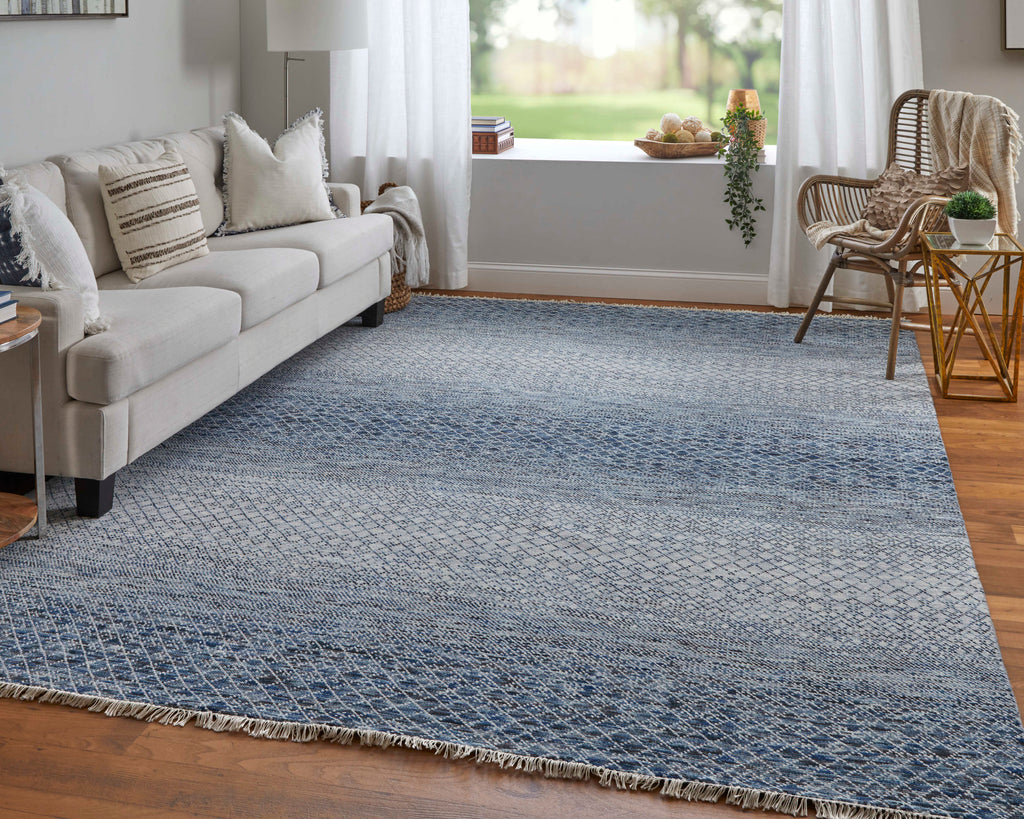 Branson Transitional Solid Blue Ivory Area Rug (9'6" x 13'6")