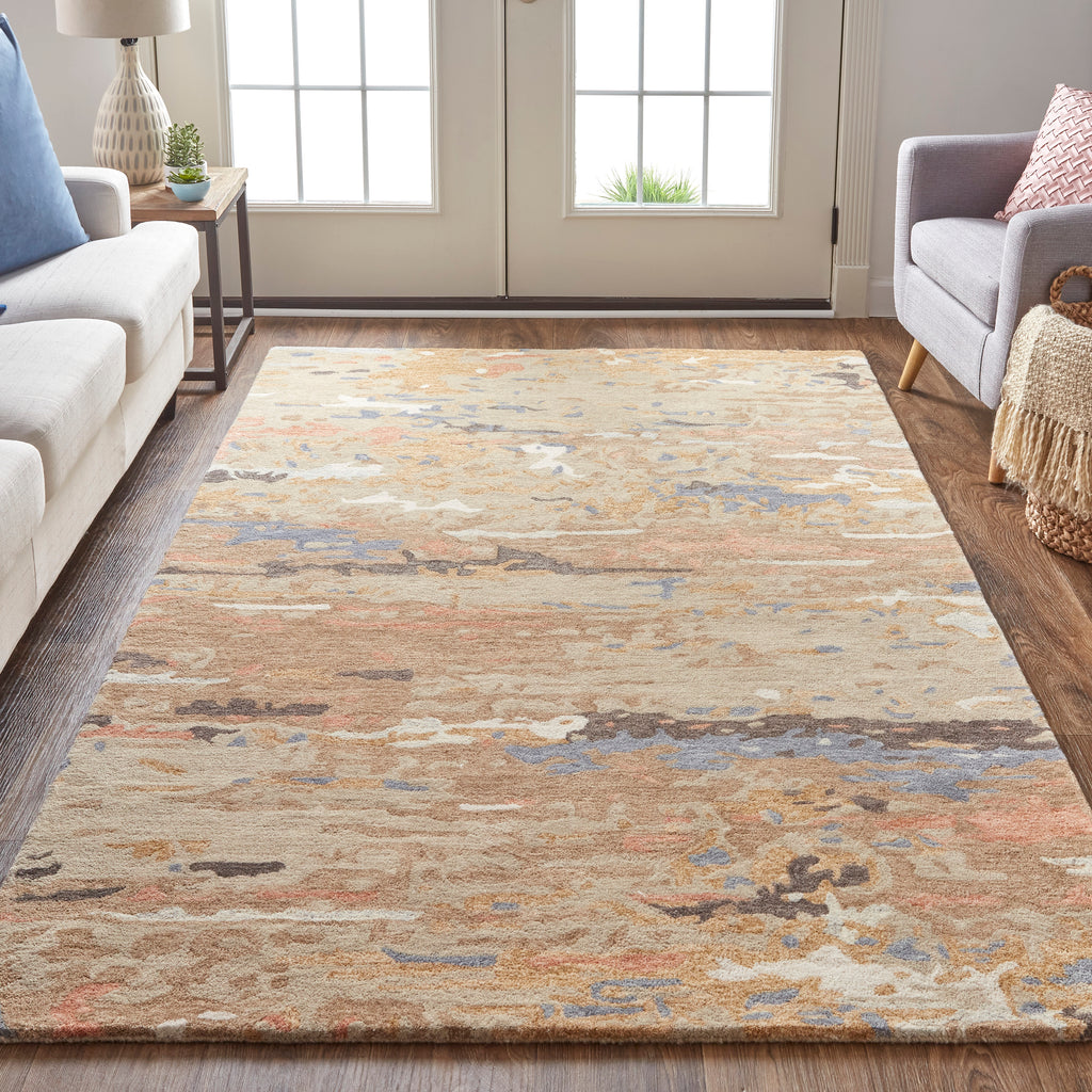 Everley Modern Abstract Tan Blue Area Rug (10' x 14')