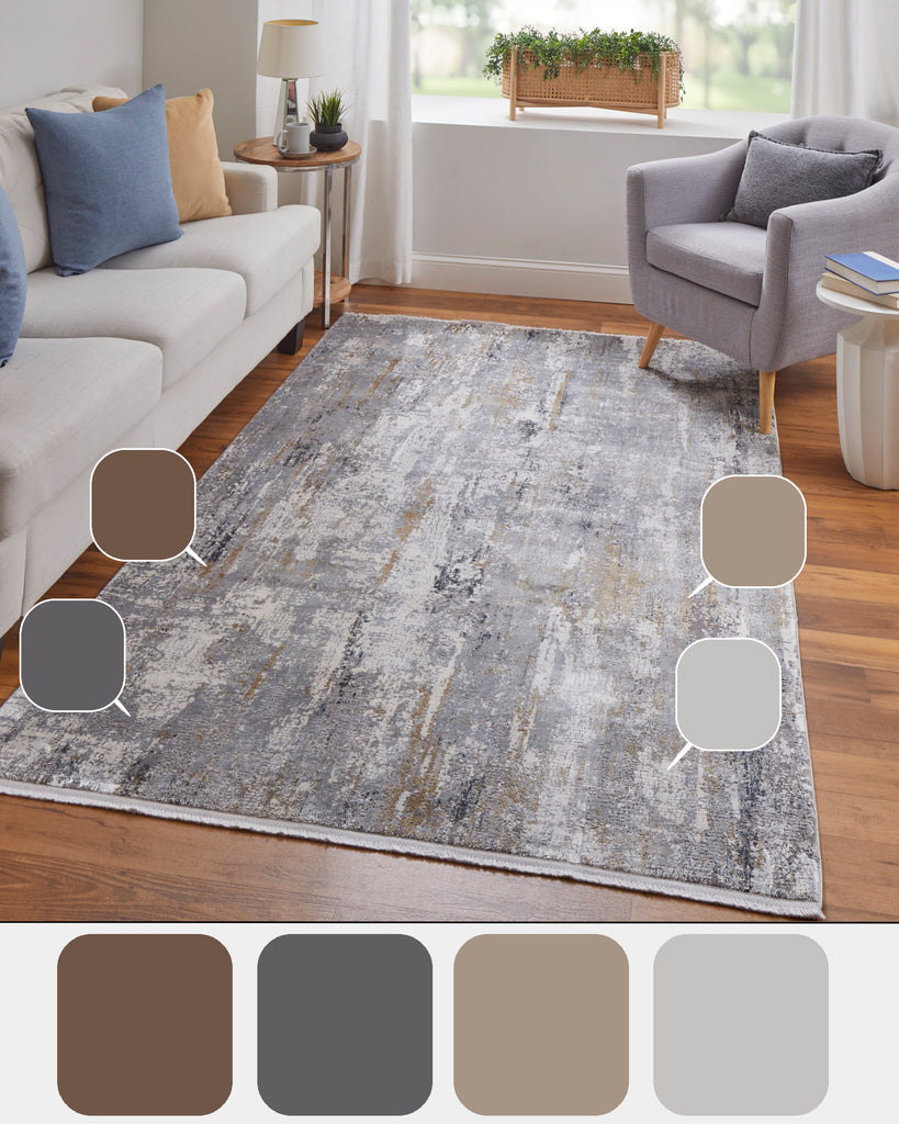 Cadiz Modern Abstract Ivory Gray Gold Area Rug (6'6" x 9'6")