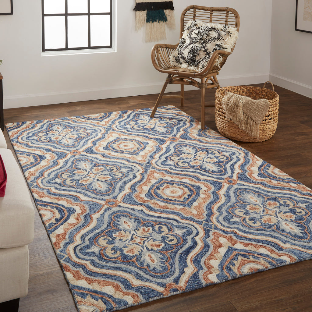 Rhett Transitional Medallion Blue Orange Ivory Area Rug (8' x 10')