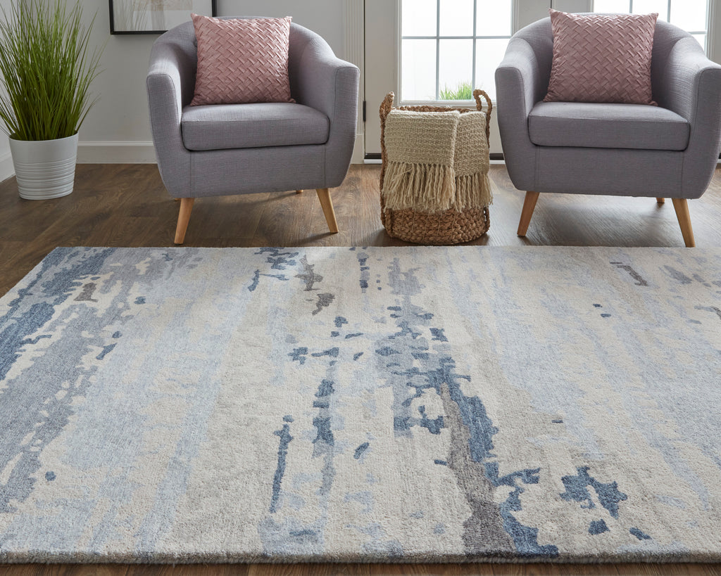 Everley Modern Abstract Blue Gray Ivory Area Rug (12' x 15')