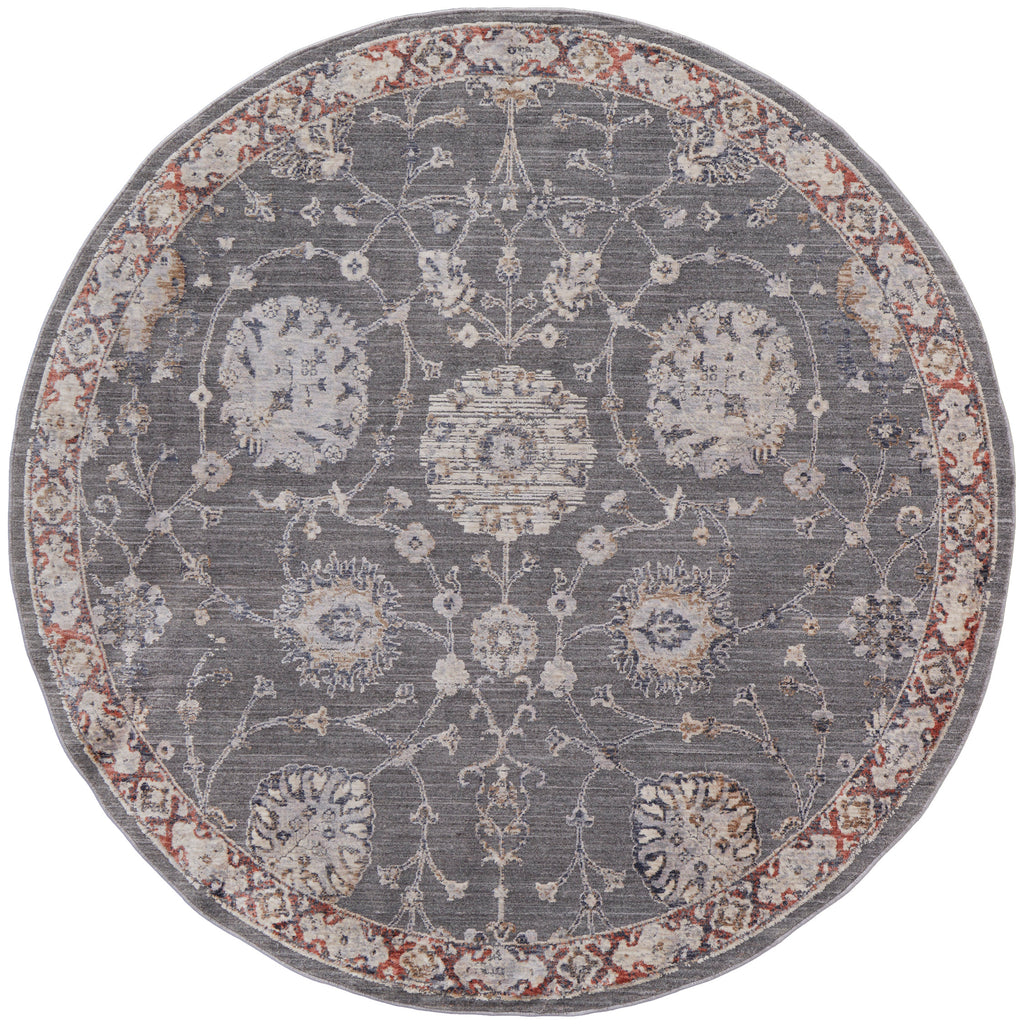 Thackery Transitional Oriental Gray Ivory Red Area Rug (5'6" x 5'6")