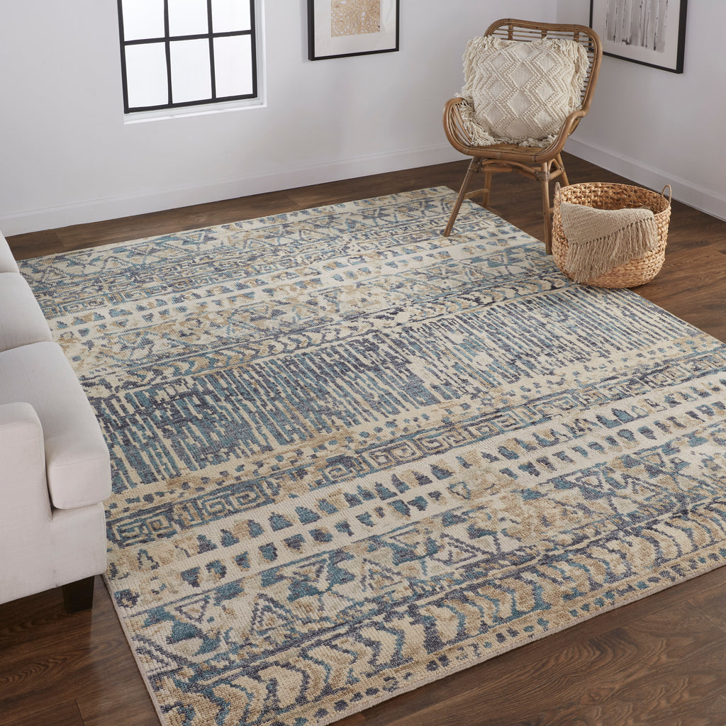 Palomar Transitional Geometric Tan Blue Area Rug (11'6" x 15')