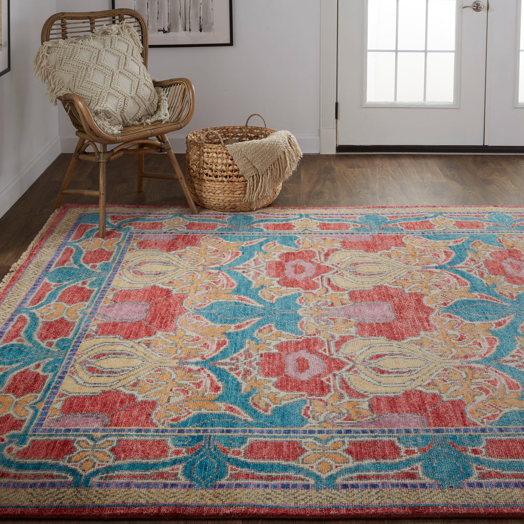 Beall Traditional Oriental Blue Red Yellow Area Rug (9'6" x 13'6")