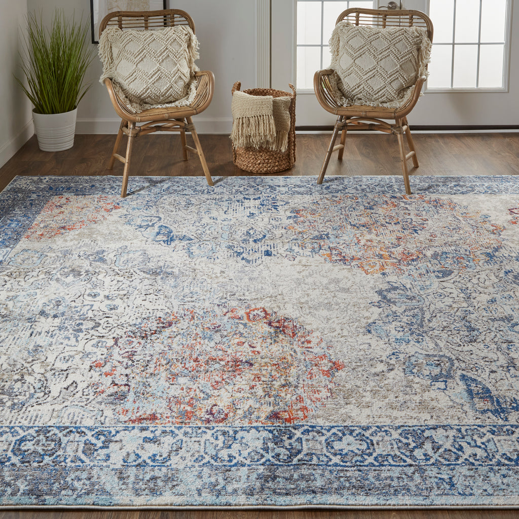 Bellini Transitional Medallion Blue Ivory Red Area Rug (2' x 10')