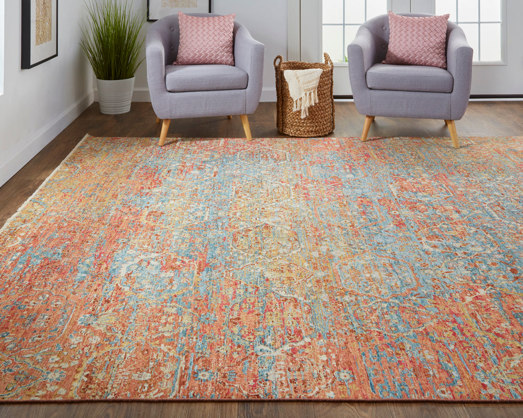 Siena Transitional Distressed Orange Blue Yellow Area Rug (2' x 3')