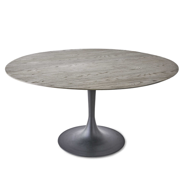 round dining table, wooden top, with brushed metal base