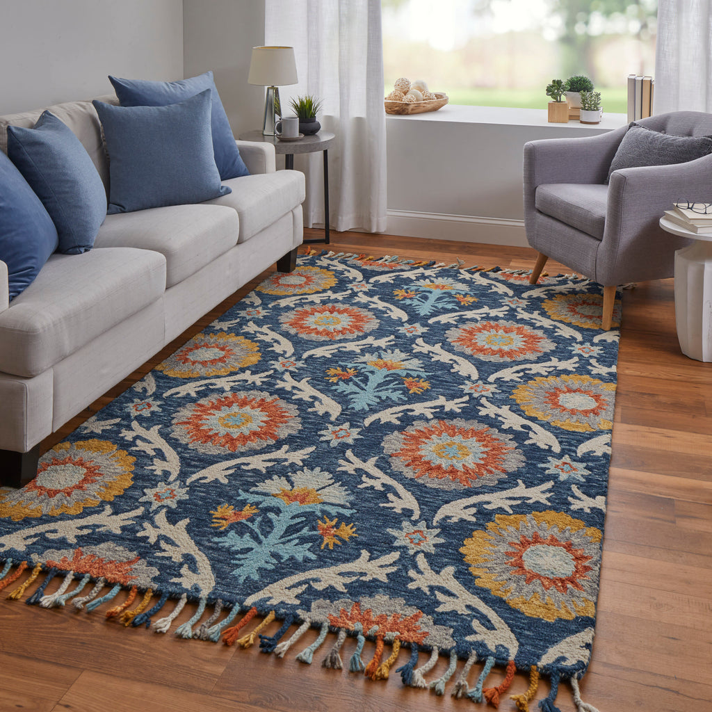 Abelia Transitional Floral Botanical Blue Yellow Orange Area Rug (5' x 8')