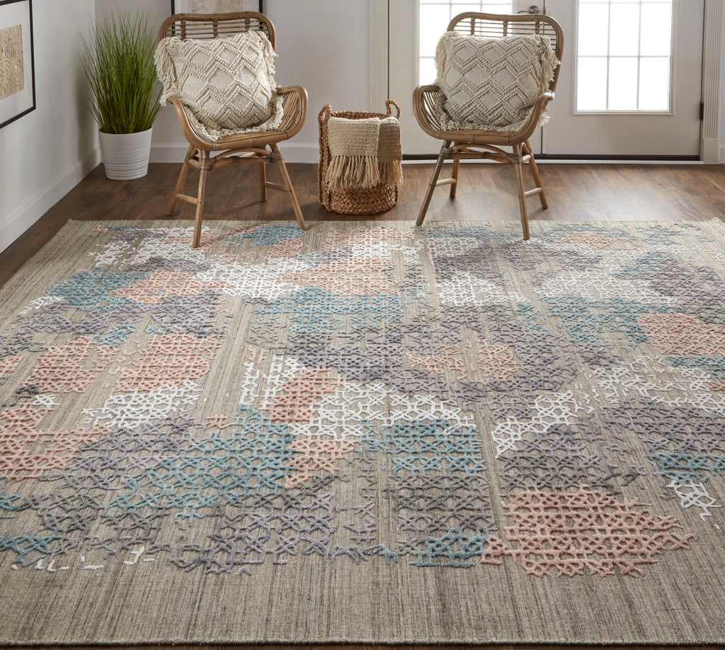 Elias Modern Abstract Pink Blue Taupe Area Rug (9' x 12')