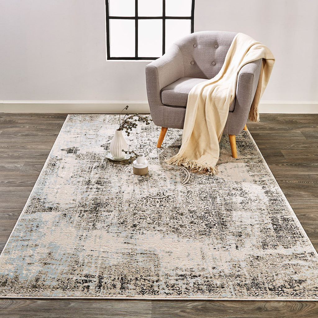 Prasad Modern Distressed Gray Blue Ivory Area Rug (1'8" x 2'10")