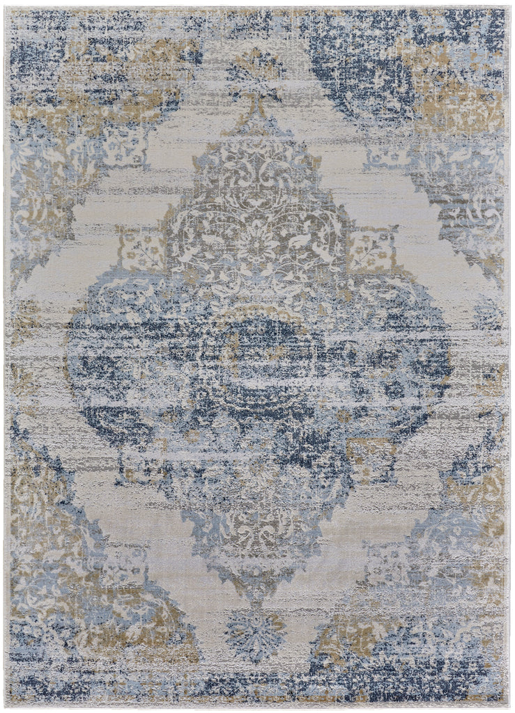 Marigold Transitional Medallion Blue Gray Gold Area Rug (1'8" x 2'10")