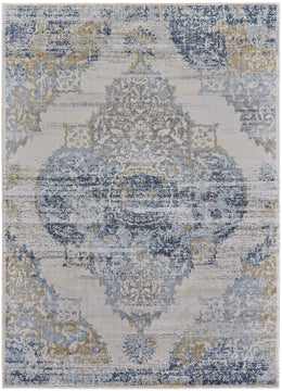 Marigold Transitional Medallion Blue Gray Gold Area Rug (2'10" x 8')