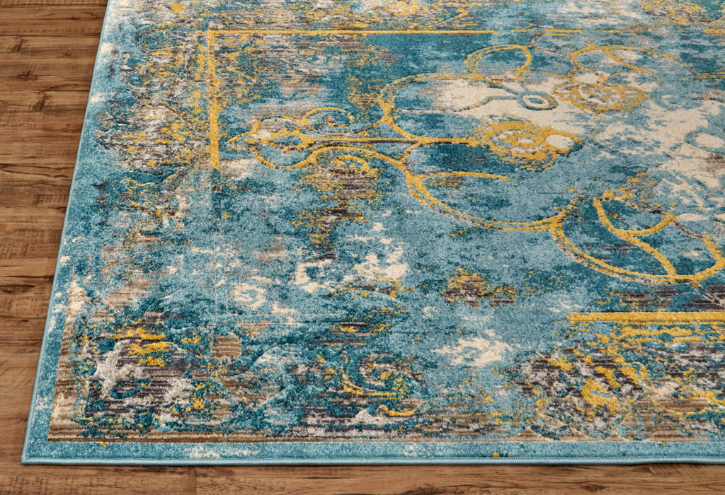 Keats Transitional Distressed Blue Yellow Taupe Area Rug (2'7" x 8')