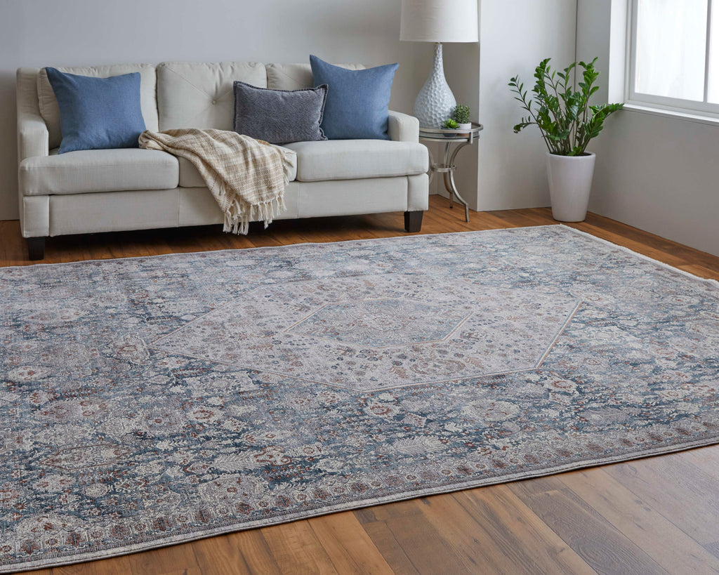 Marquette Transitional Medallion Blue Ivory Area Rug (6'7" x 9'10")