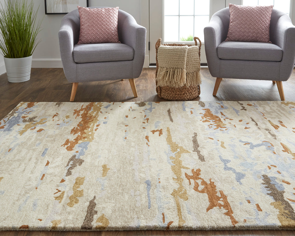 Everley Modern Abstract Ivory Blue Brown Area Rug (2' x 3')