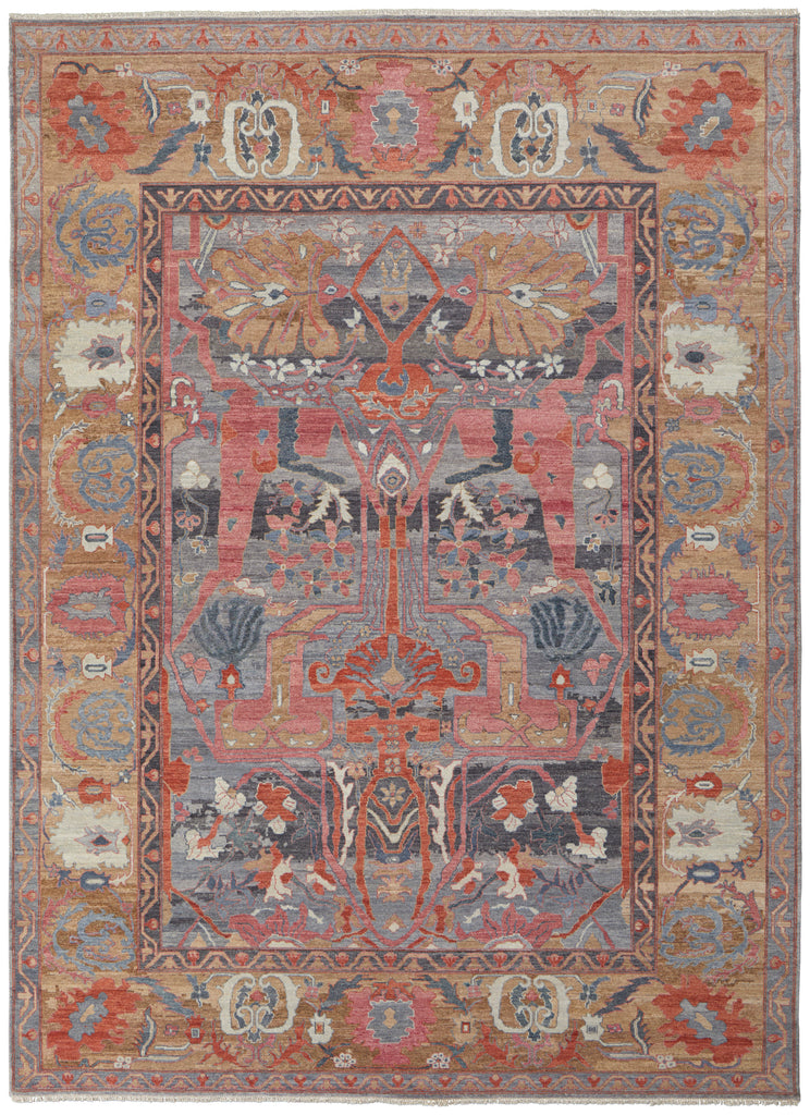 Rapsody Transitional Bordered Red Blue Tan Area Rug (7'9" x 9'9")