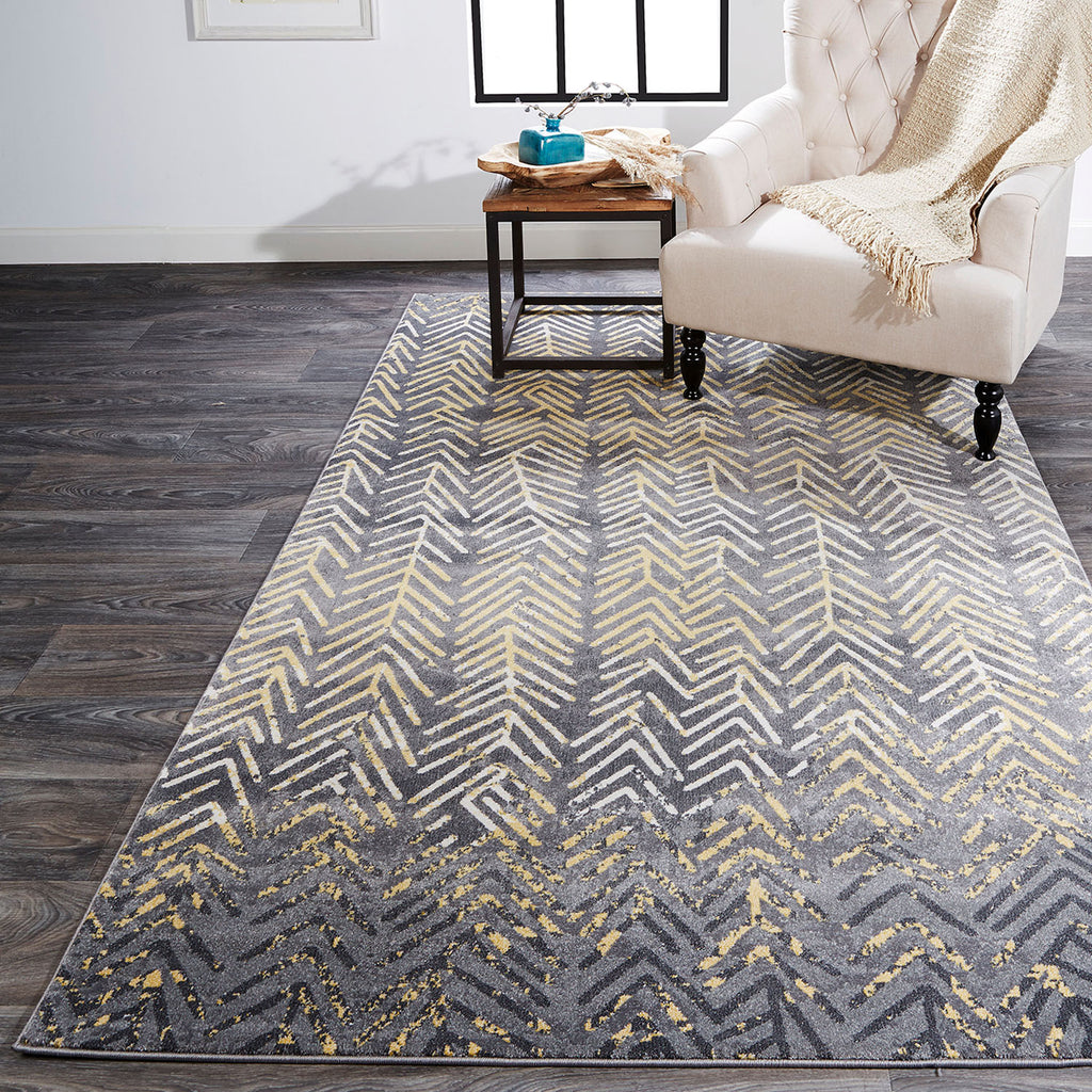 Bleecker Modern Chevron Gray Yellow White Area Rug (8' x 8')