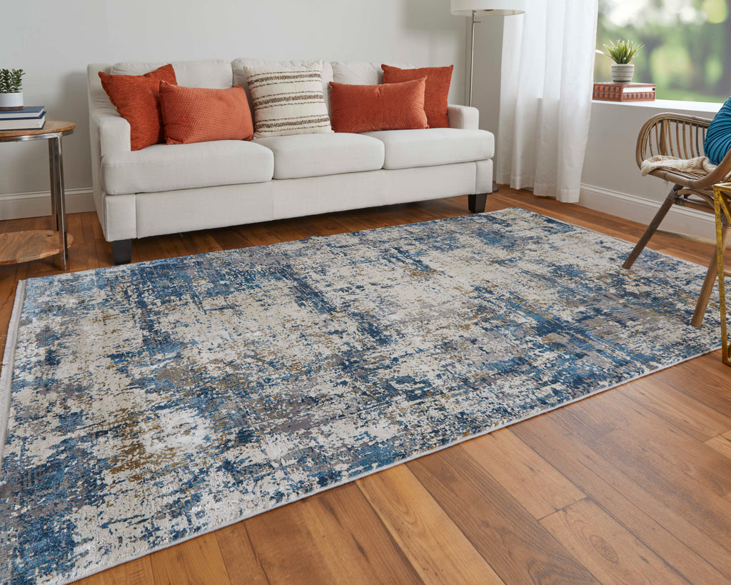 Cadiz Modern Abstract Ivory Tan Blue Area Rug (3'1" x 10')