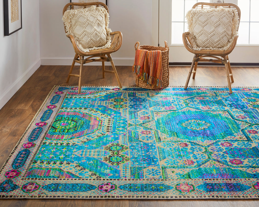 Latham Transitional Bordered Blue Green Red Area Rug (7'9" x 9'9")