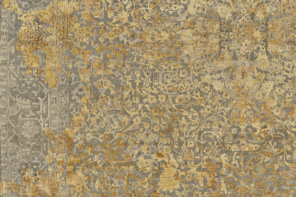 Doshi Transitional Damask Gray Gold Ivory Area Rug (9'6" x 13'6")