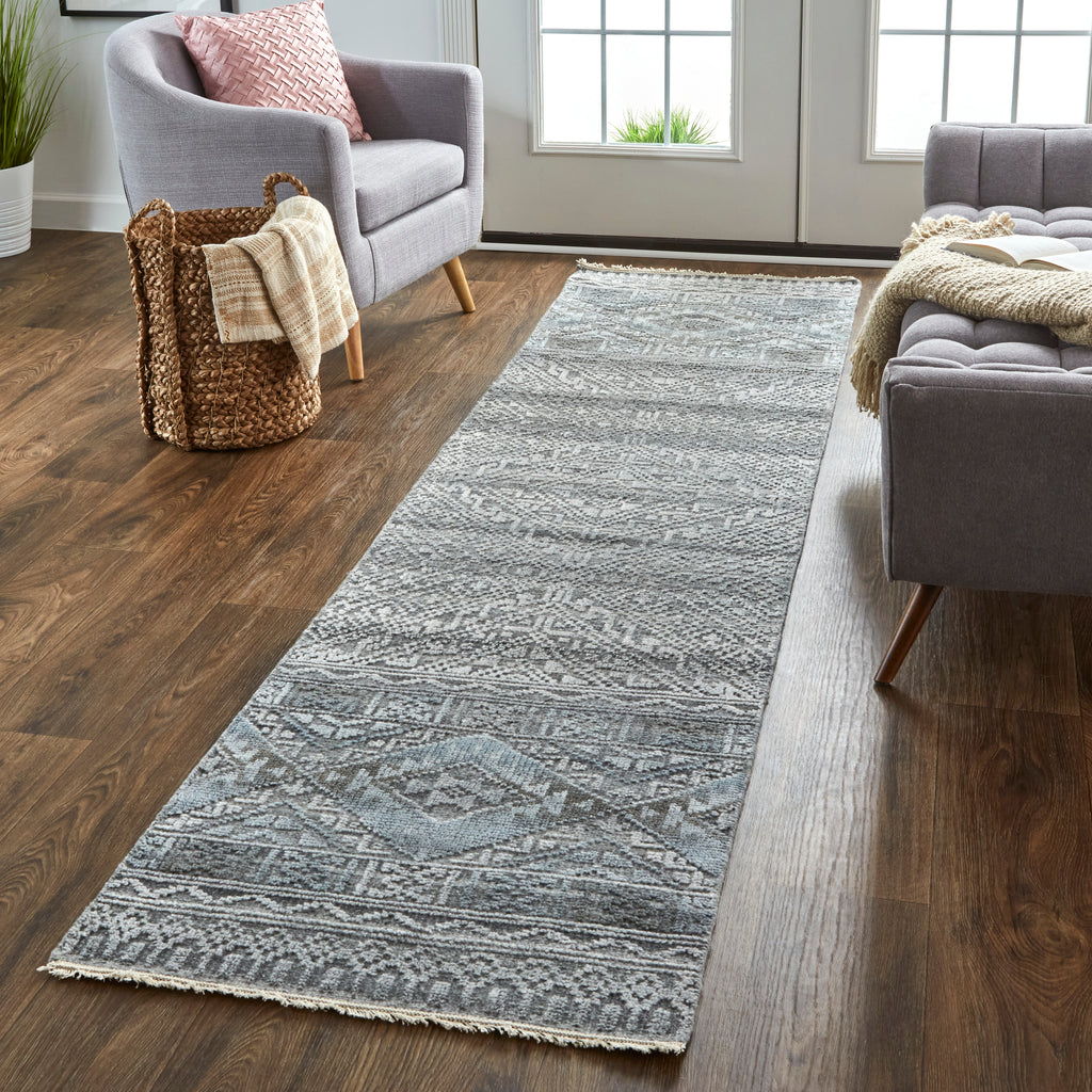 Payton Transitional Diamond Gray Ivory Blue Area Rug (2'6" x 8')