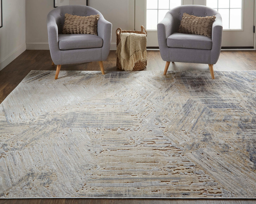 Laina Transitional Abstract Tan Ivory Gray Area Rug (3' x 10')