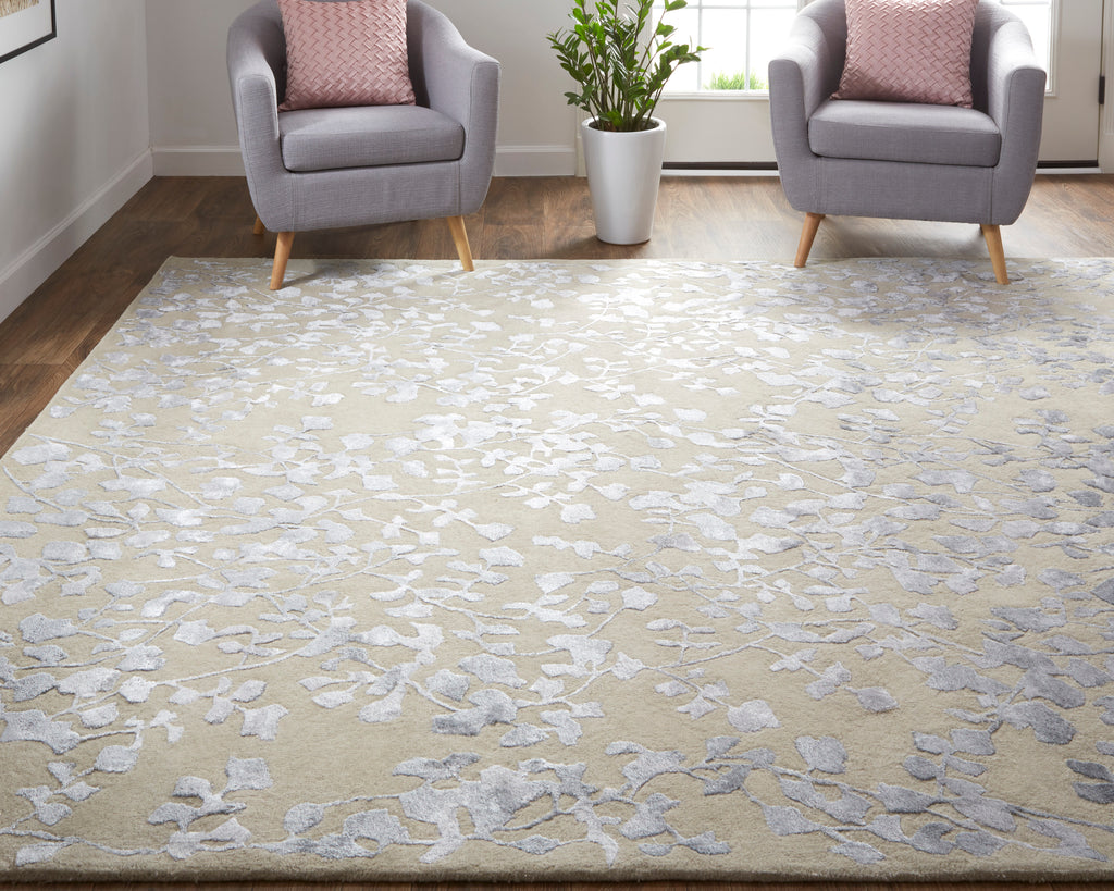 Bella Transitional Floral Botanical Tan Silver Gray Area Rug (10' x 14')