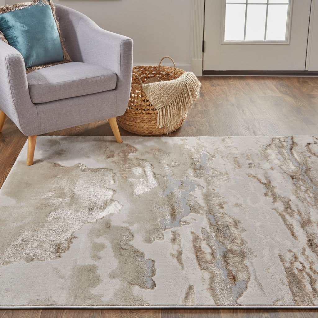 Aura Modern Abstract Ivory Tan Gray Area Rug (6'7" x 9'6")