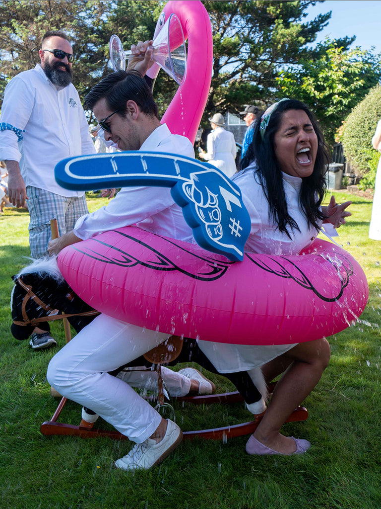 cannon beach croquet classic, Kevin Fadden pours water on Zena Cherian, croquets whites, charity event for birch community services