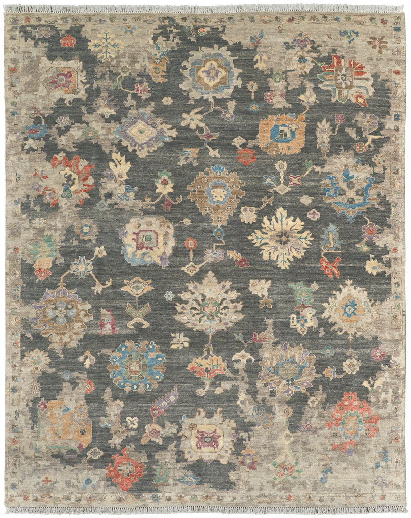 Noris Transitional Damask Black Tan Blue Area Rug (5'6" x 8'6")