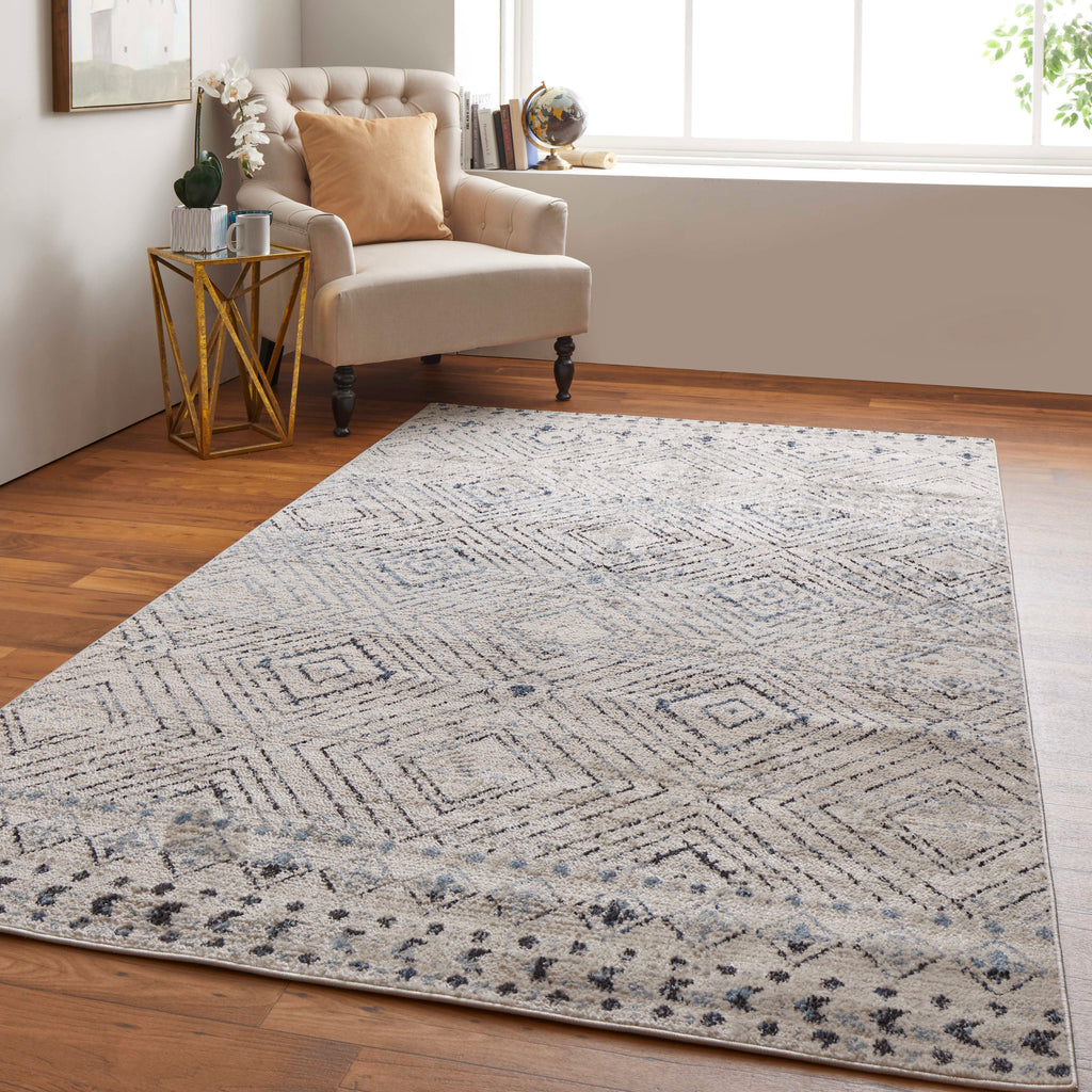 Camellia Transitional Geometric Ivory Blue Gray Area Rug (8' x 10')