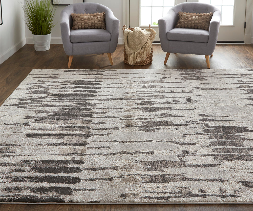 Vancouver Modern Abstract Ivory Brown Gray Area Rug (6'7" x 9'6")