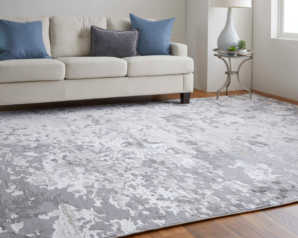 Micah Modern Abstract Silver Gray White Area Rug (6'7" x 9'6")