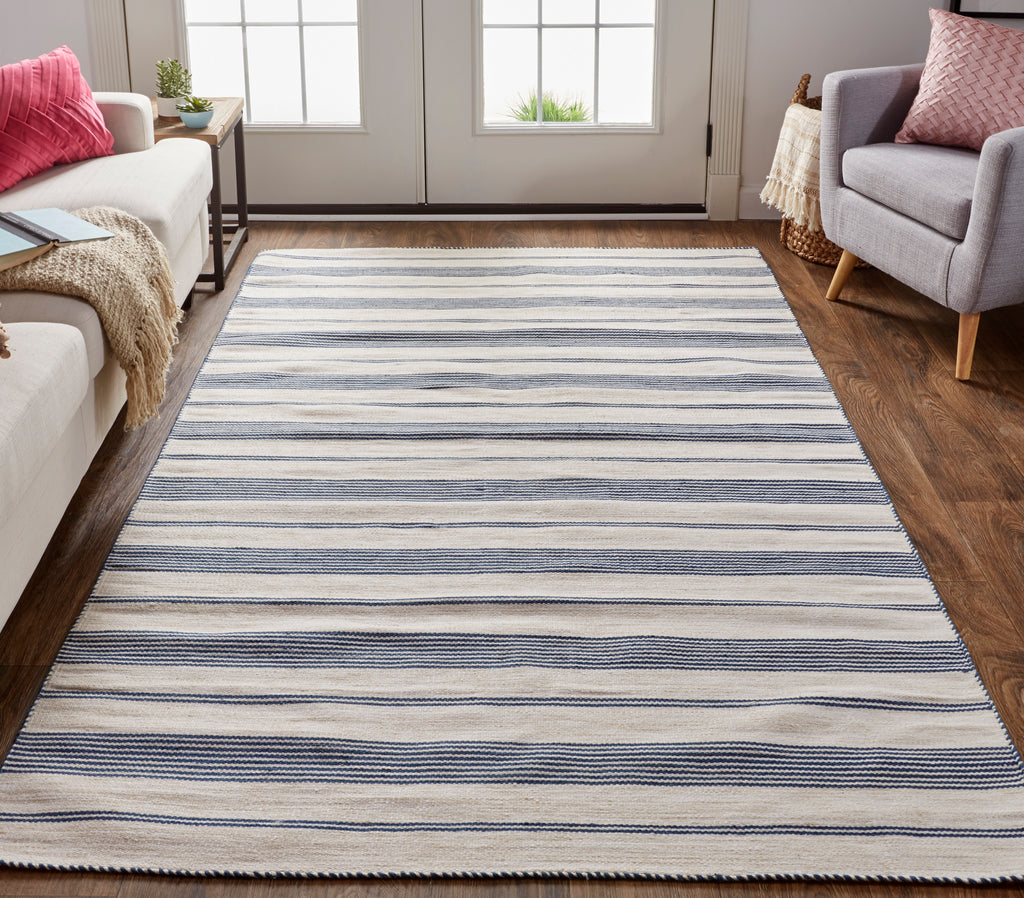 Duprine Transitional Stripes White Ivory Blue Area Rug (4' x 6')