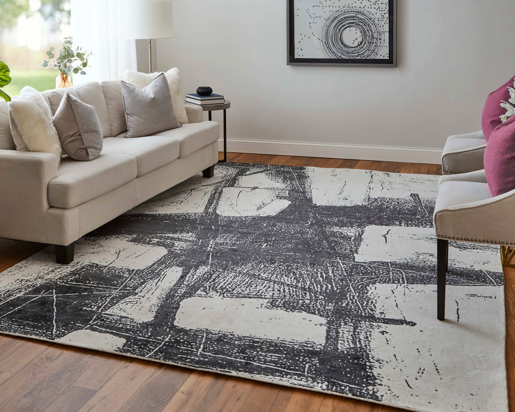 Coda Modern Abstract Black White Area Rug (12' x 15' / Pattern 2)