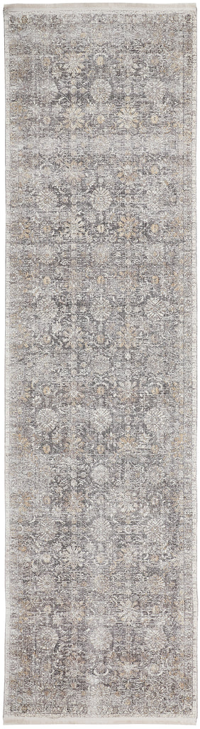 Sarrant Transitional Damask Gray Silver Tan Area Rug (2'8" x 8')