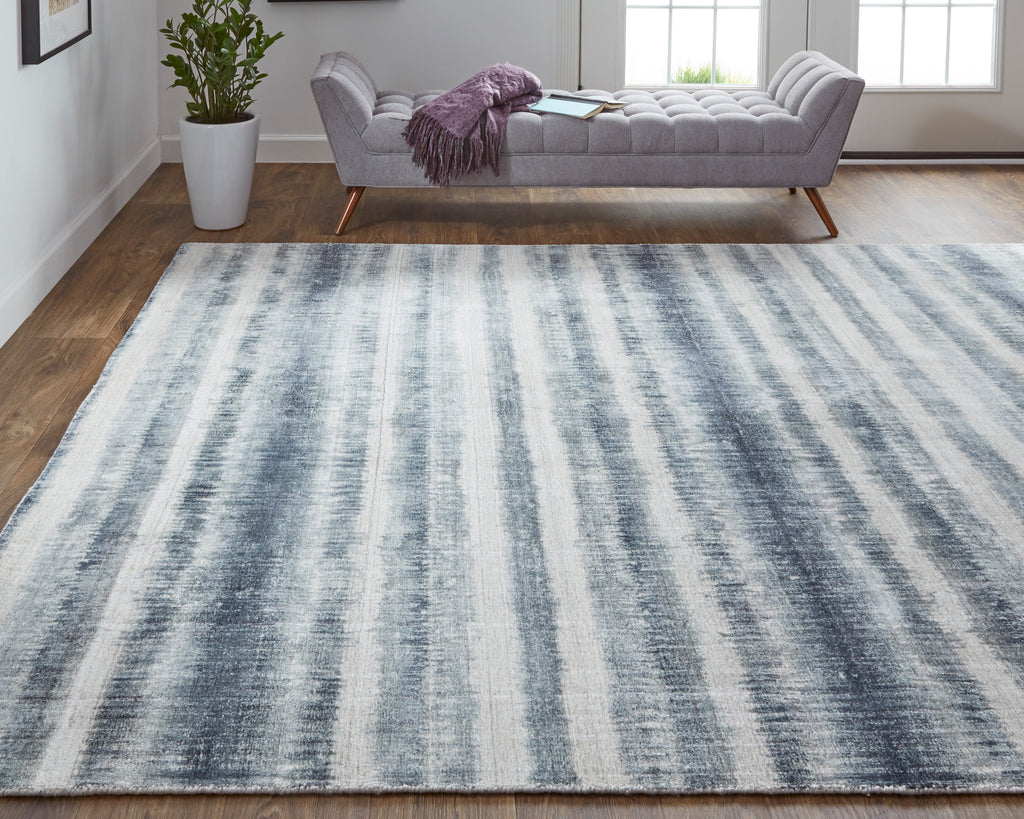 Mackay Transitional Stripes Ivory Blue Area Rug (12' x 15')