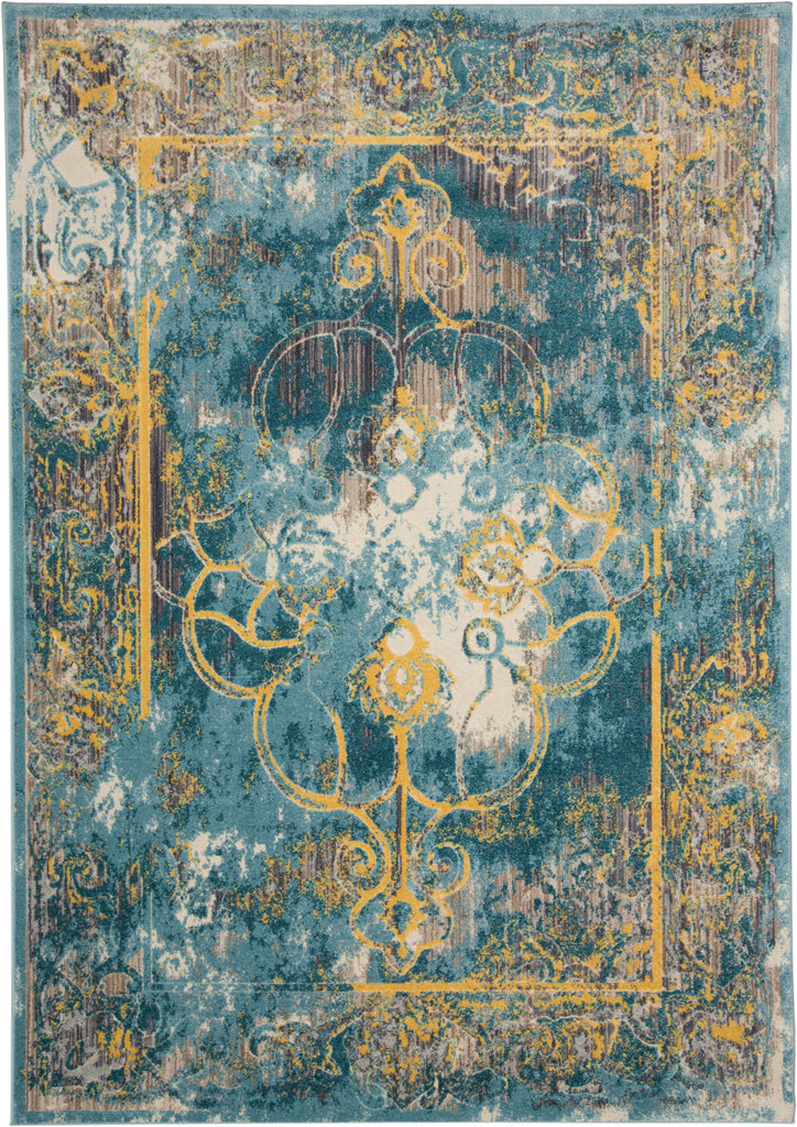 Keats Transitional Distressed Blue Yellow Taupe Area Rug (10'2" x 13'9")