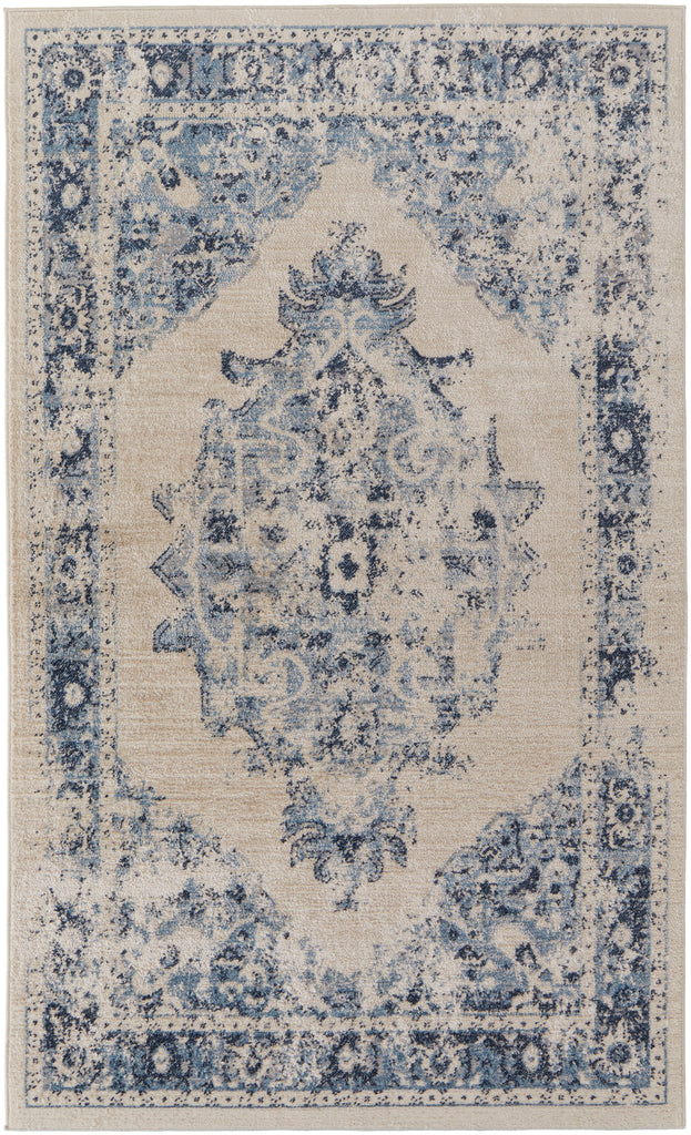 Camellia Transitional Medallion Ivory Blue Area Rug (8' x 10')