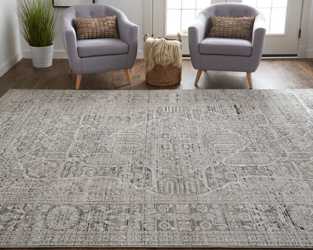 Macklaine Transitional Medallion Gray Silver Taupe Area Rug (12' x 15')