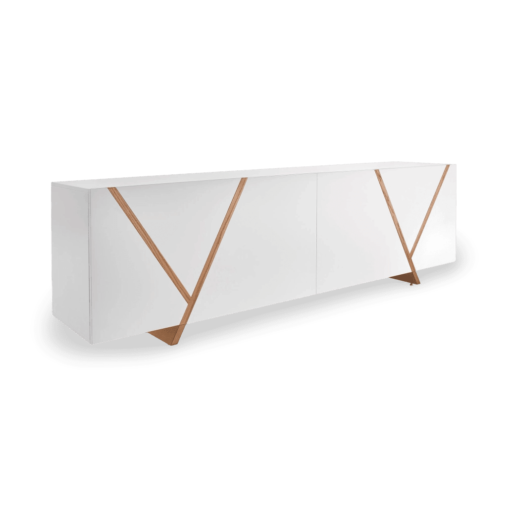 Ypis Sideboard Featuring Geometric Marquetry Shapings on the Doors in Off-White