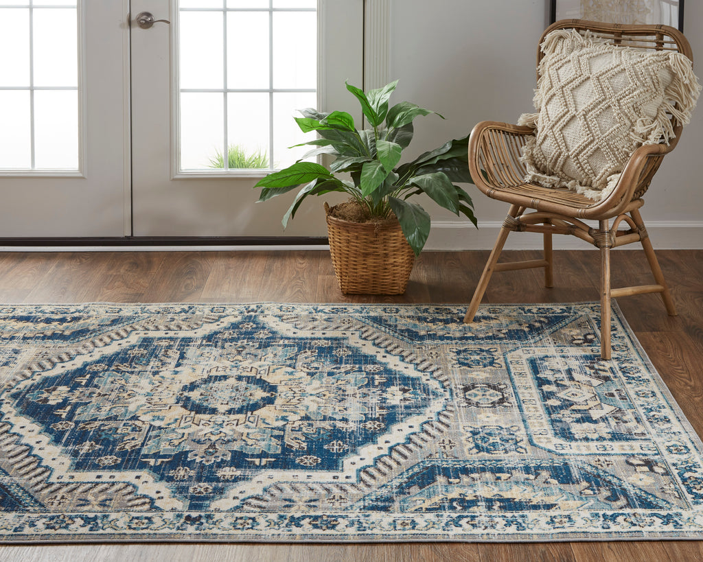 Nolan Transitional Medallion Blue Ivory Area Rug (7'9" x 10'6")