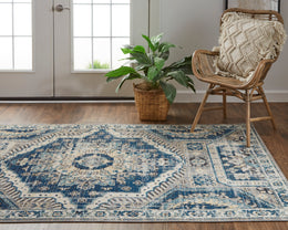 Nolan Transitional Medallion Blue Ivory Area Rug (2'10" x 7'10")