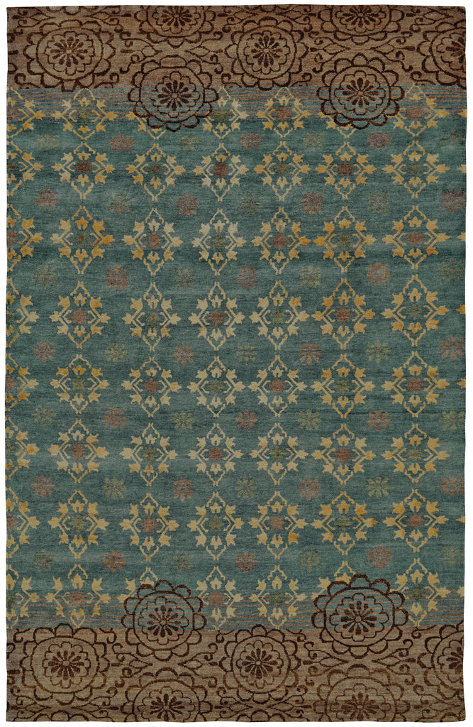 Qing Transitional Floral Botanical Blue Green Brown Area Rug (8'6" x 11'6")