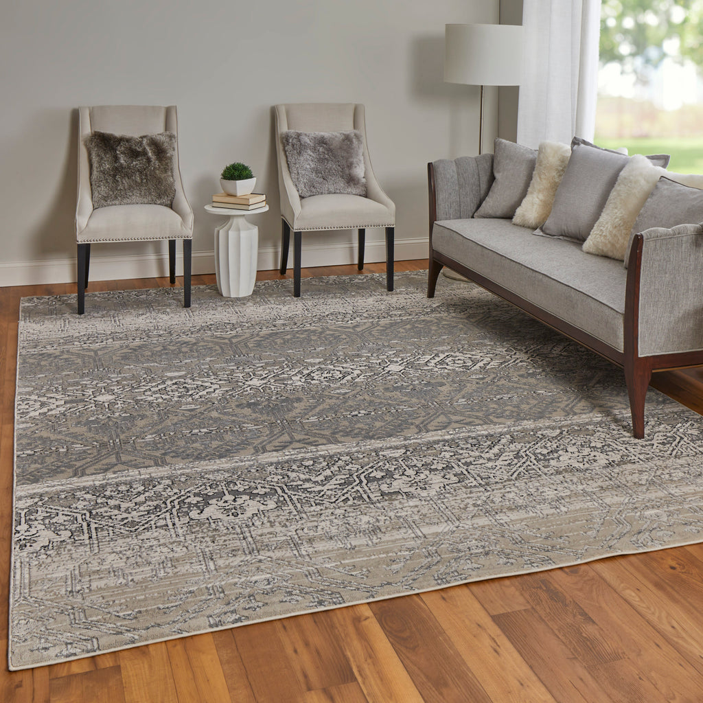 Macklaine Transitional Distressed Ivory Silver Black Area Rug (6'7" x 9'6")