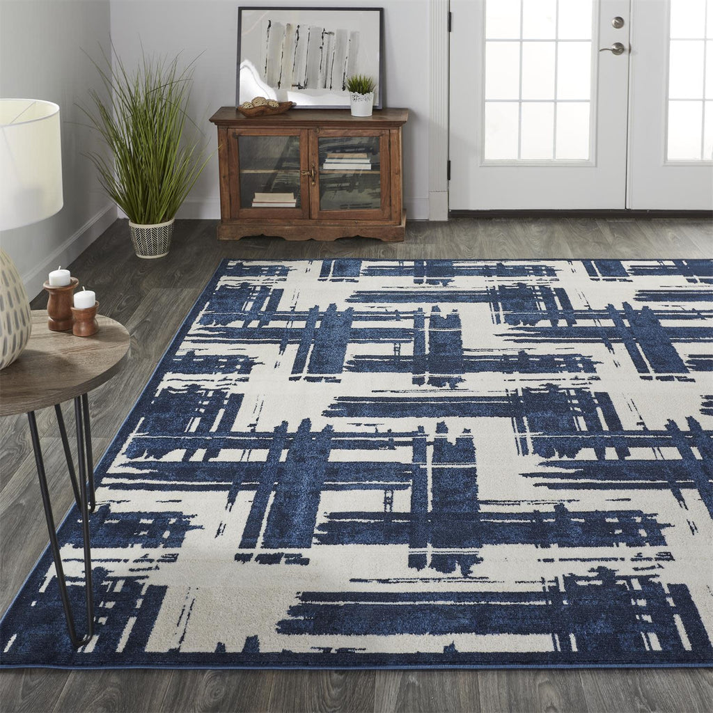 Remmy Transitional Abstract Ivory Blue Area Rug (6'7" x 9'6" / Pattern 2)