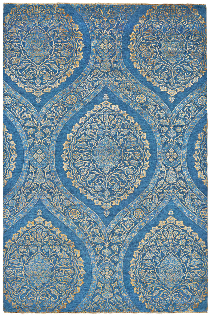 Amalfi Transitional Damask Blue Gold Area Rug (7'9" x 9'9")