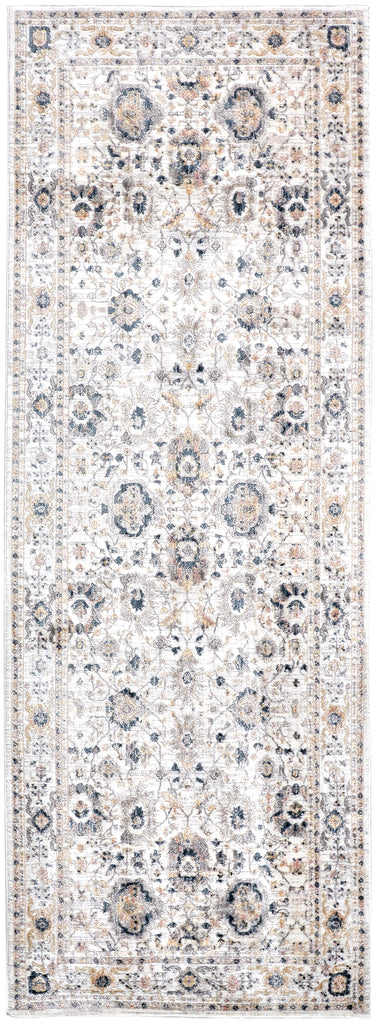 Kyra Transitional Damask Tan Ivory Blue Area Rug (2'10" x 7'10")